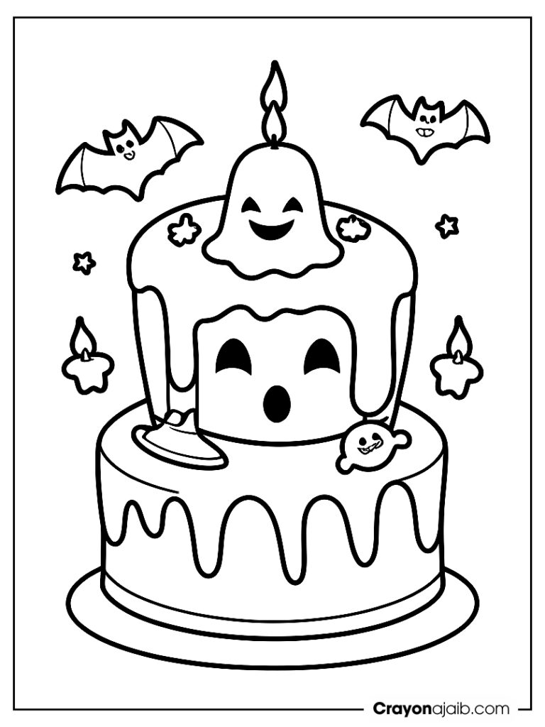 Halloween cake with candle and ghost coloring page ca