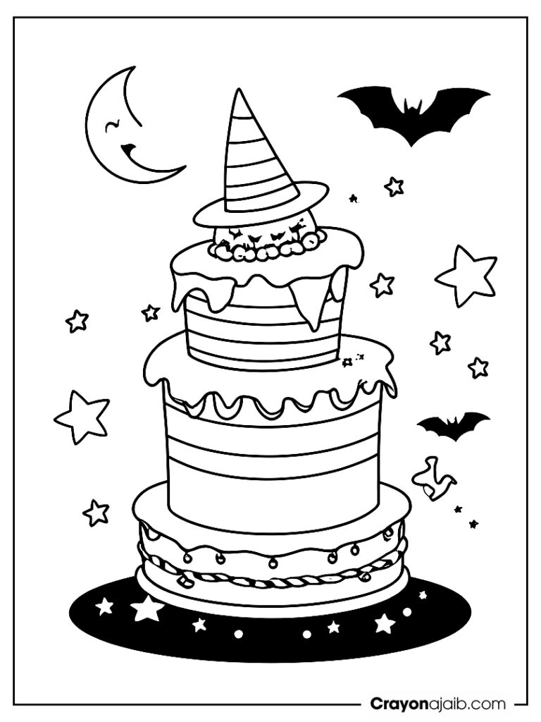 Halloween cake with flying witch coloring page ca