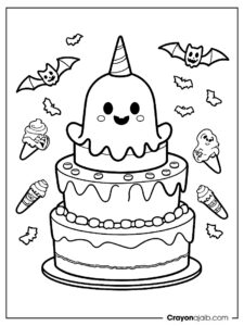 Halloween cake with ghost and bats coloring page ca