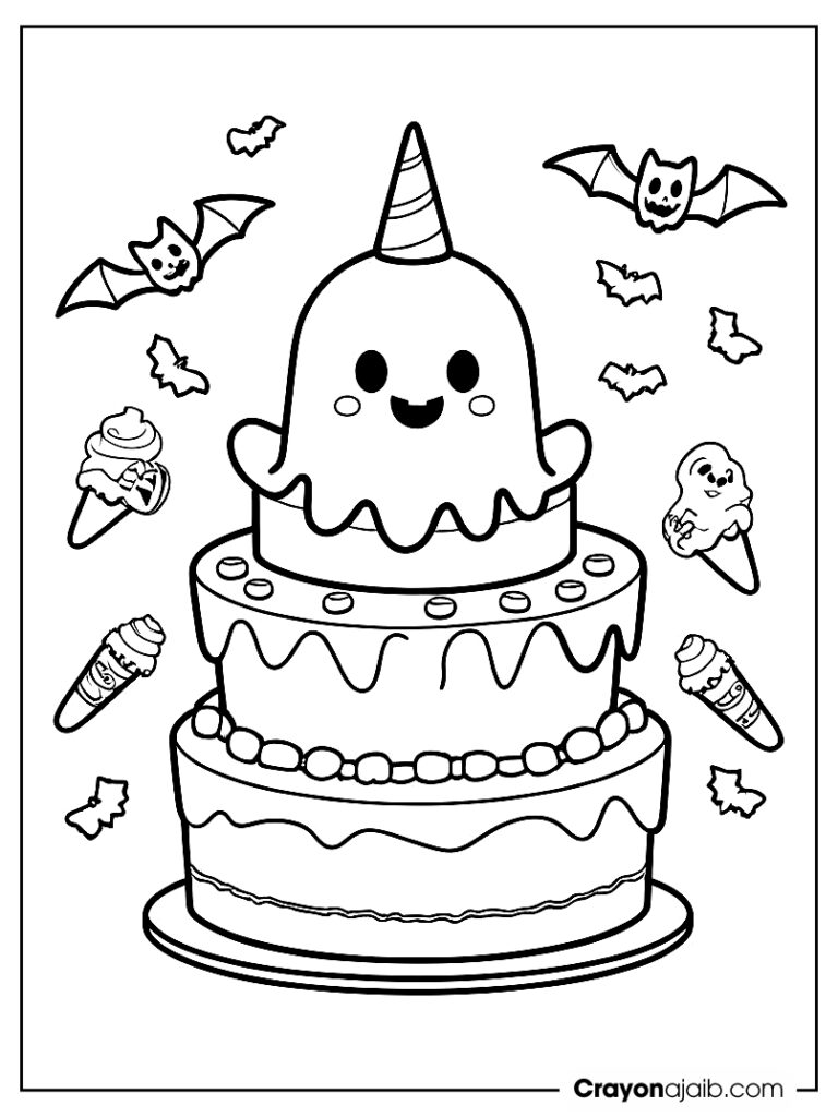 Halloween cake with ghost and bats coloring page ca