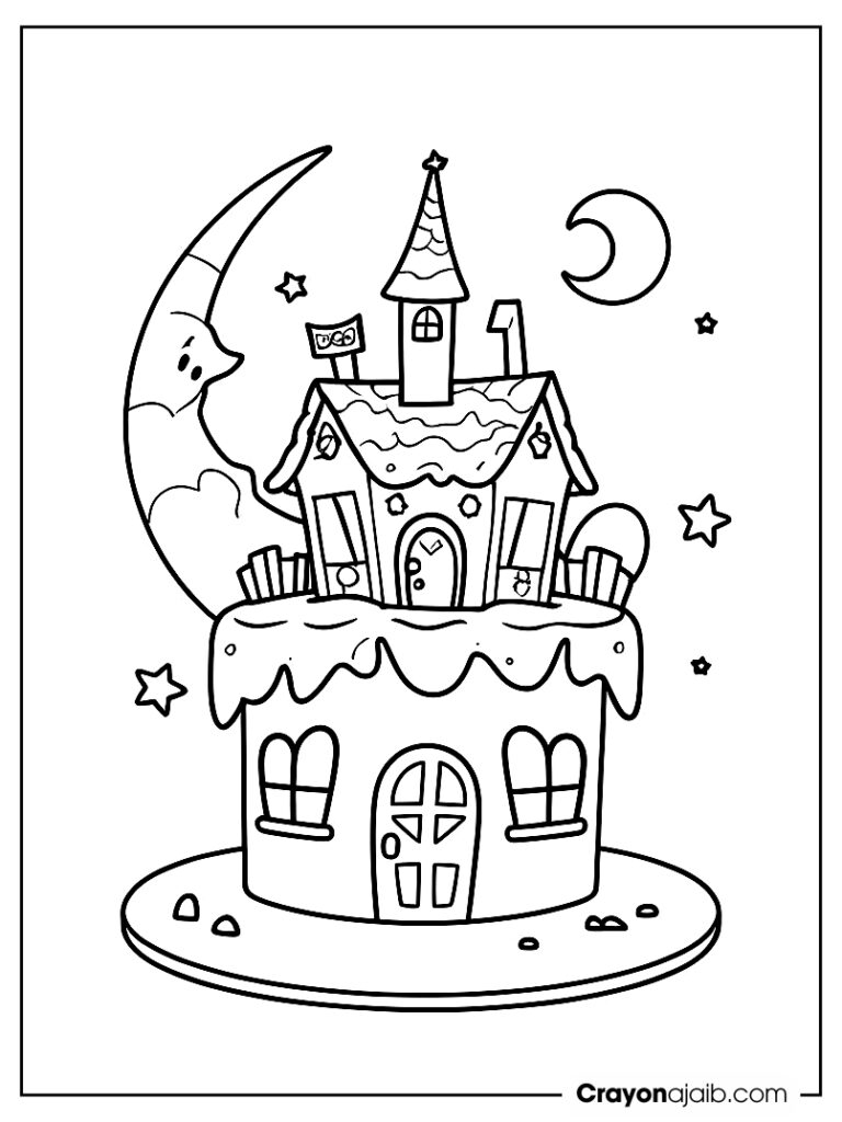 Halloween cake with haunted house topper coloring page ca