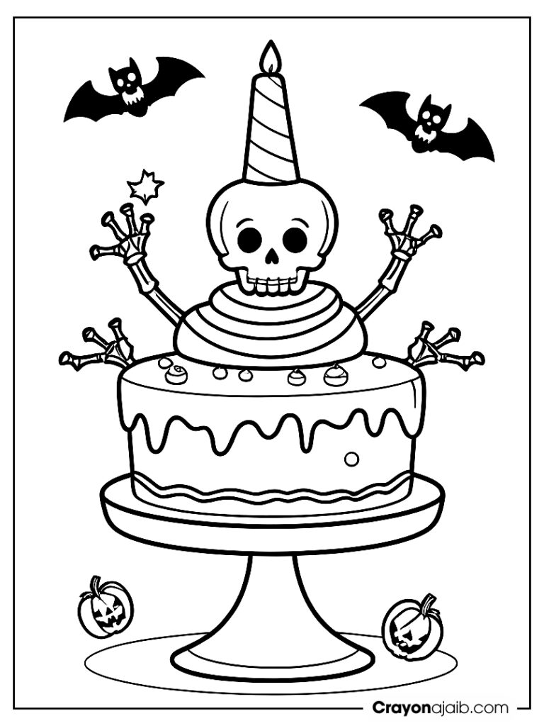 Halloween cake with spider webs and bats coloring page ca