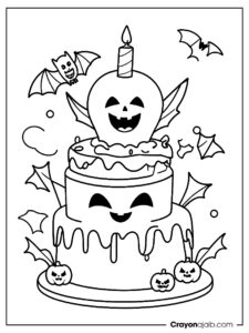 Halloween cake with vampire and ghost coloring page ca