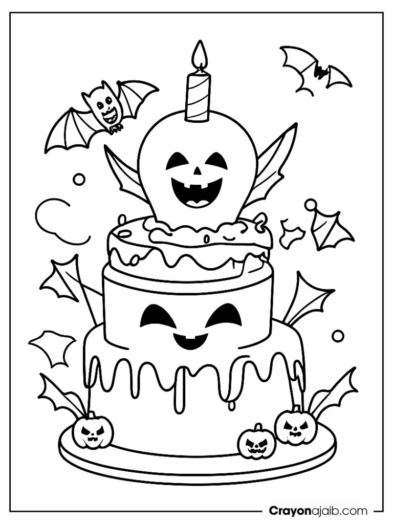 Halloween cake with vampire and ghost coloring page ca