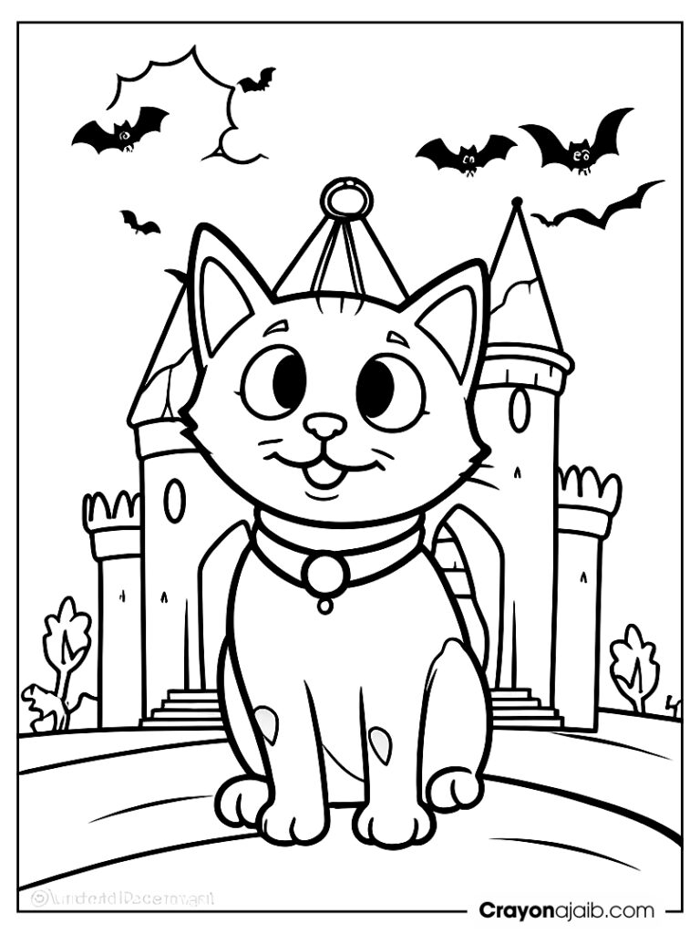 Halloween cat dressed as vampire with haunted castle ca