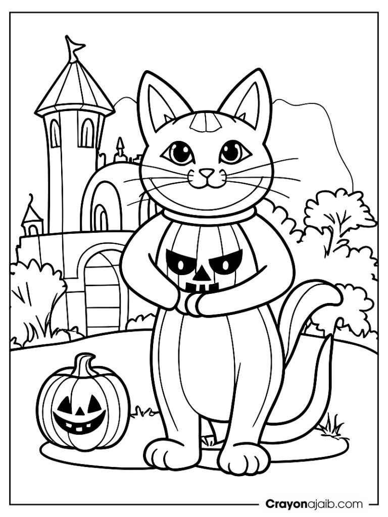 Halloween cat in pumpkin costume with spooky castle ca