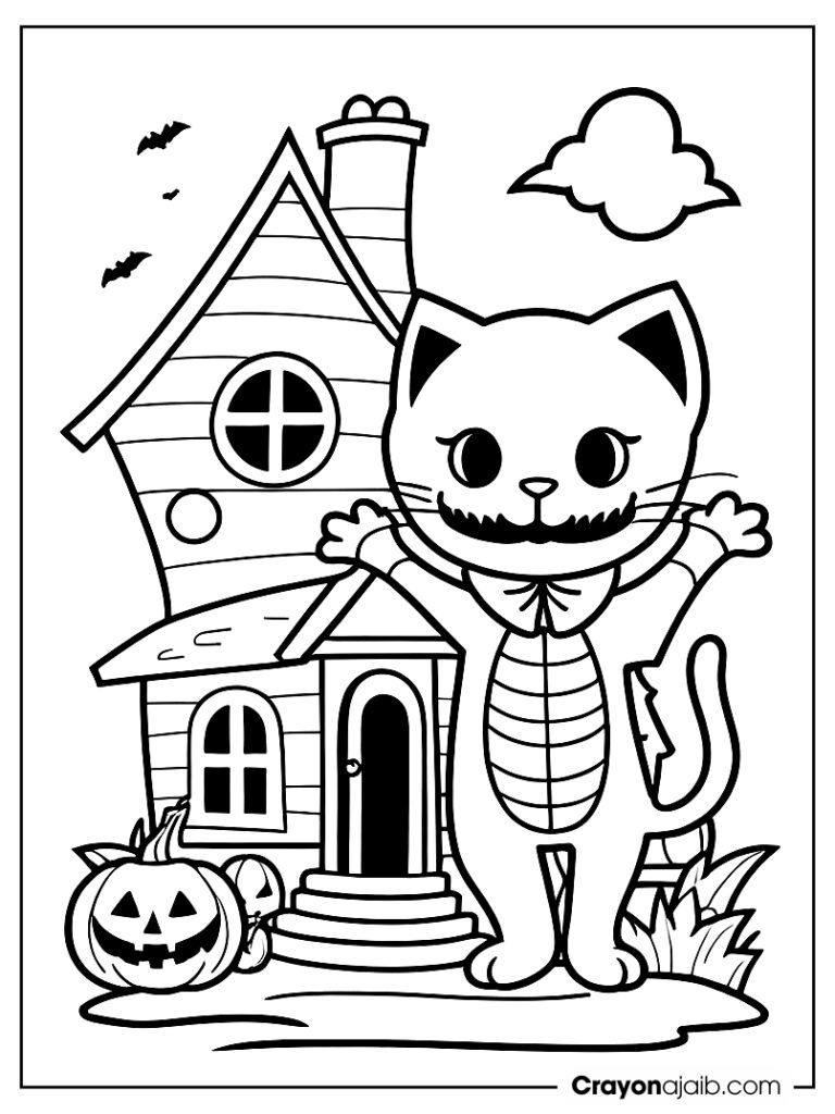 Halloween cat in skeleton costume with spooky house ca