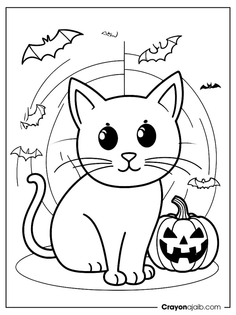 Halloween cat with arched back and jack o’ lantern ca