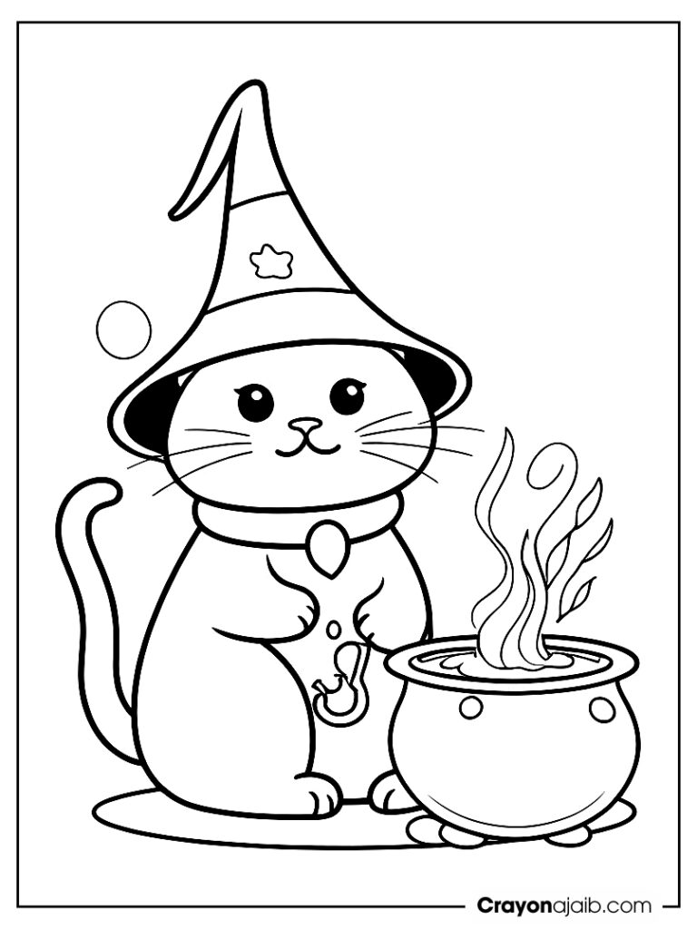 Halloween cat with wizard hat and cauldron ca