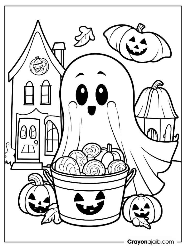 Halloween ghost with candy bucket and trick or treat scene crayonajaib