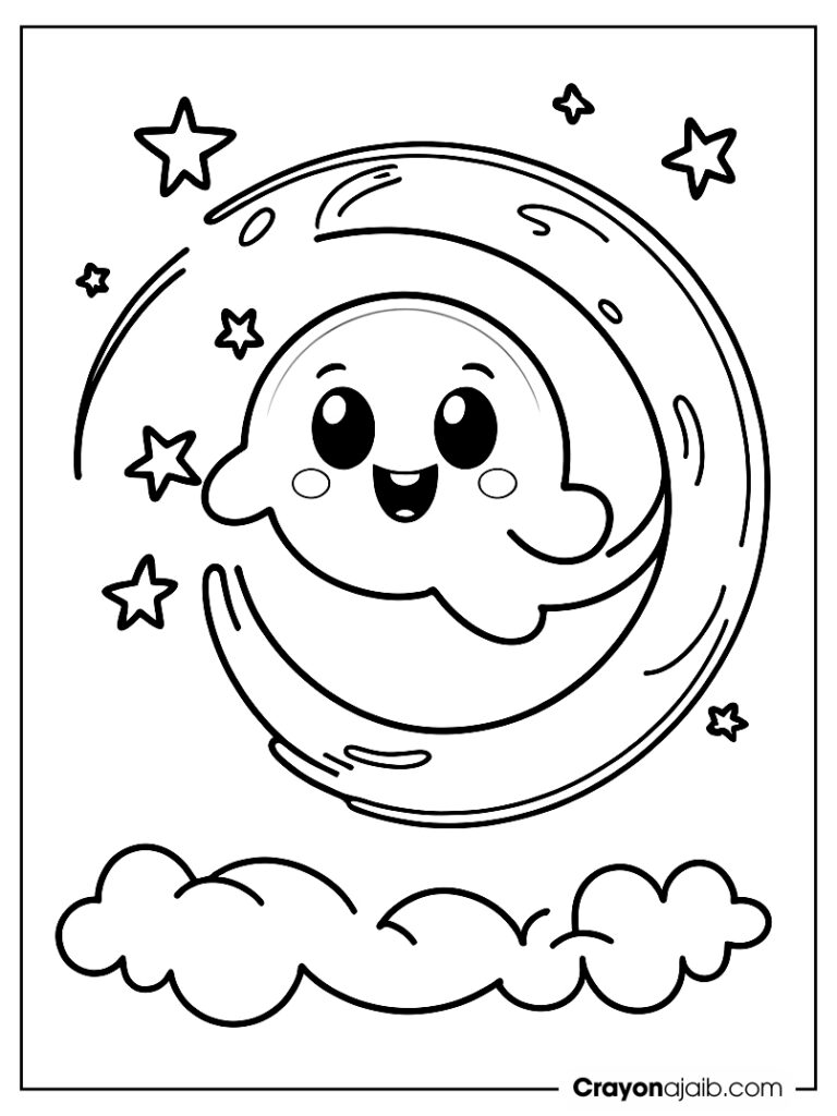 Halloween ghost with smiling moon in night sky crayonajaib