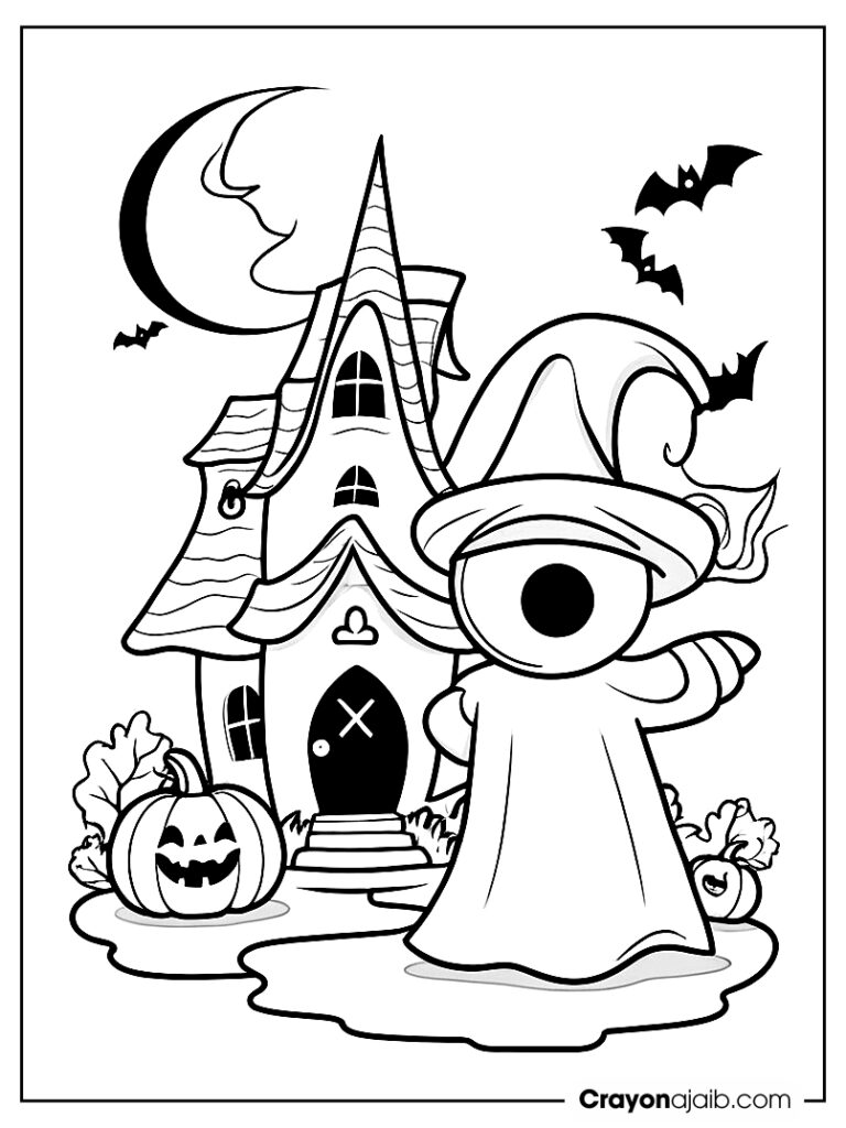 Halloween ghost with witch hat and pumpkin crayonajaib