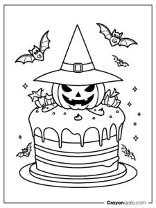 Halloween pumpkin and bat cake coloring page ca