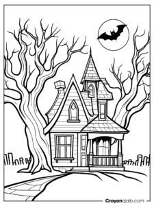 Haunted house with bat window and spooky trees crayonajaib