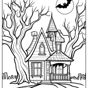 Haunted house with bat window and spooky trees crayonajaib