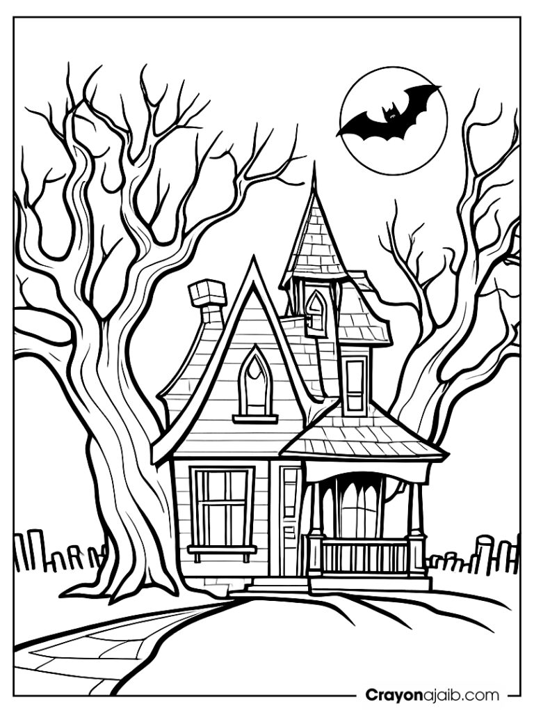 Haunted house with bat window and spooky trees crayonajaib