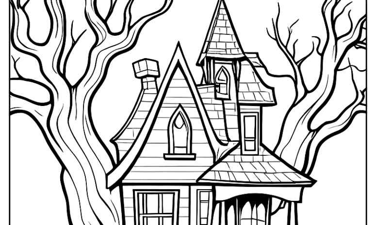 Haunted house with bat window and spooky trees crayonajaib