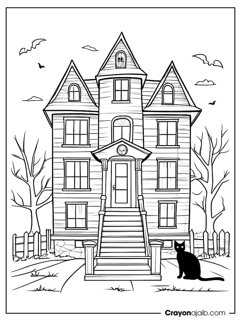 Haunted house with creaky stairs and cat crayonajaib