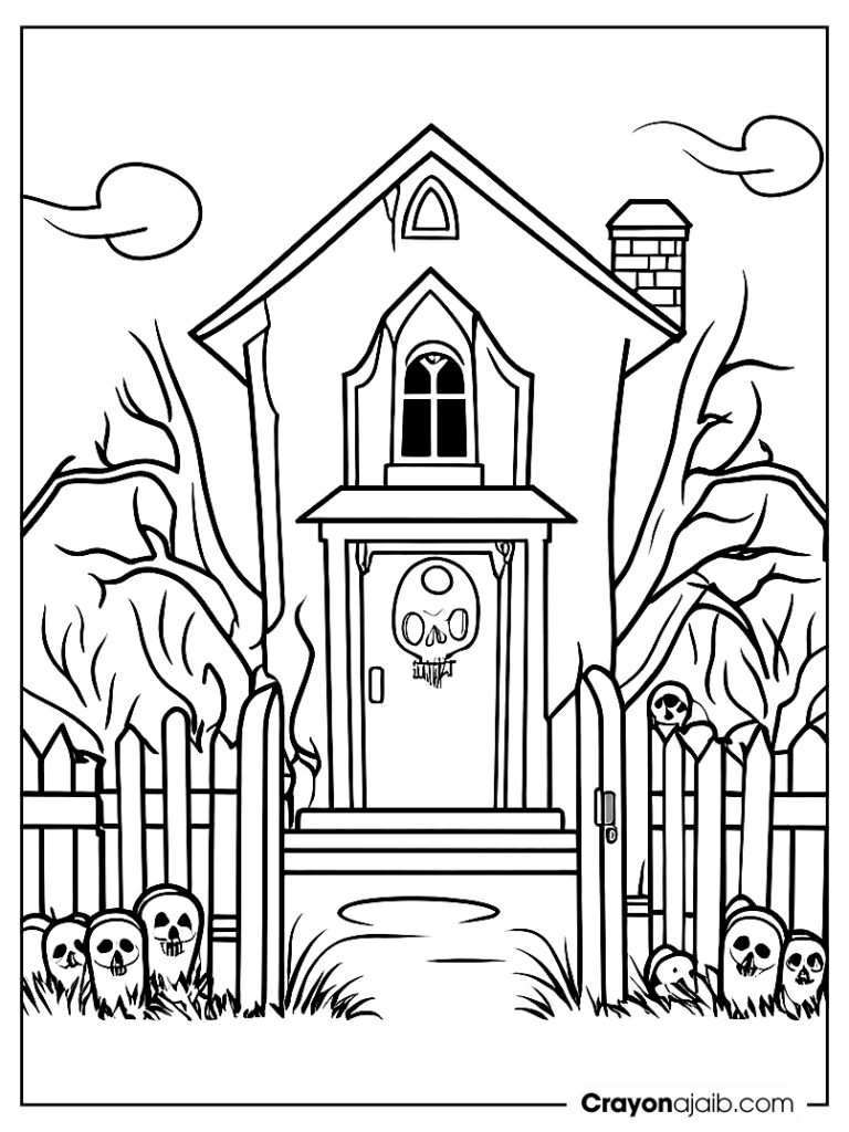 Haunted house with skull door and tombstones crayonajaib