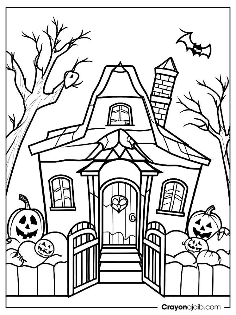 Haunted house with spiderwebs and jack o lanterns crayonajaib