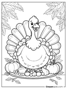 Illustration of a stuffed thanksgiving turkey wearing a bib ca