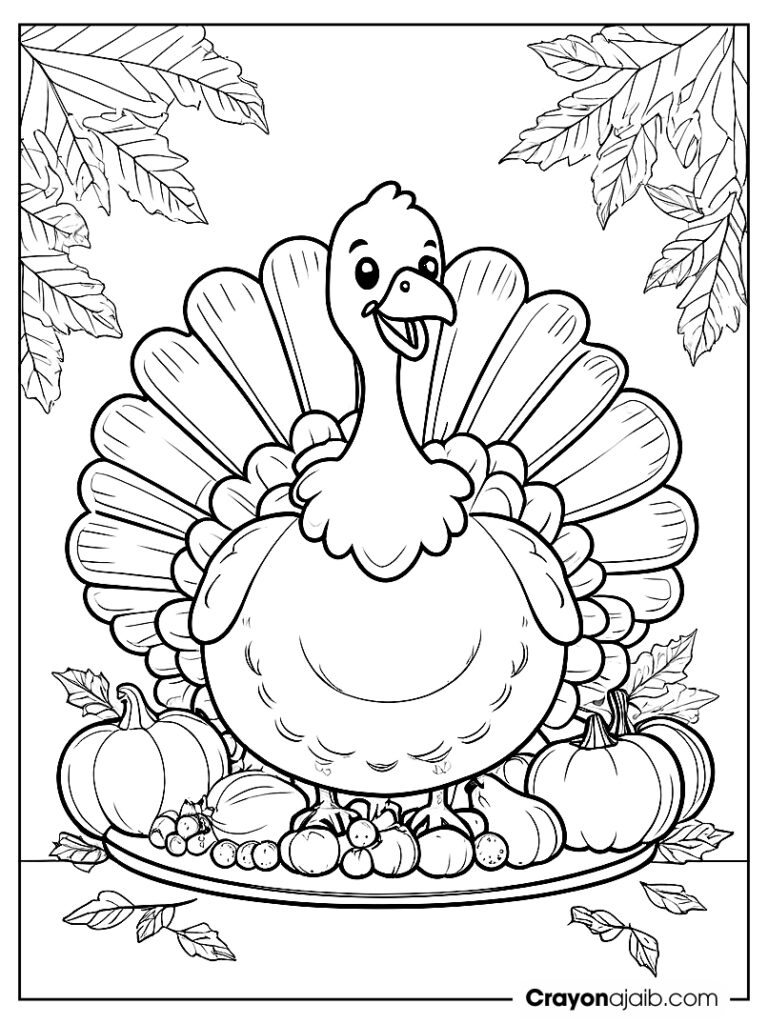 Illustration of a stuffed thanksgiving turkey wearing a bib ca