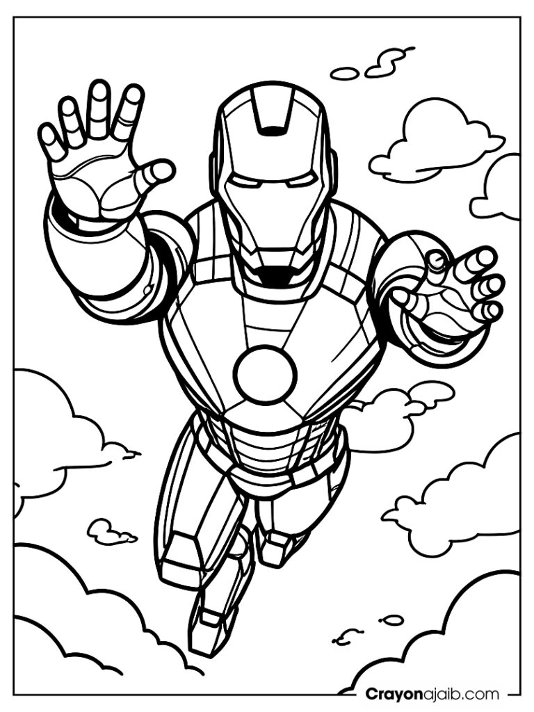 Ironman flying through the sky with hands outstretched ca