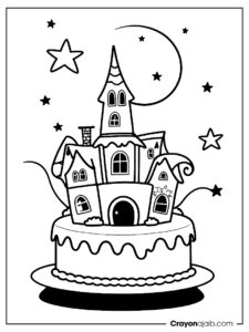 Moon and stars halloween cake coloring page ca