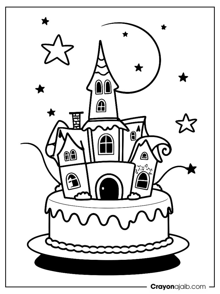 Moon and stars halloween cake coloring page ca