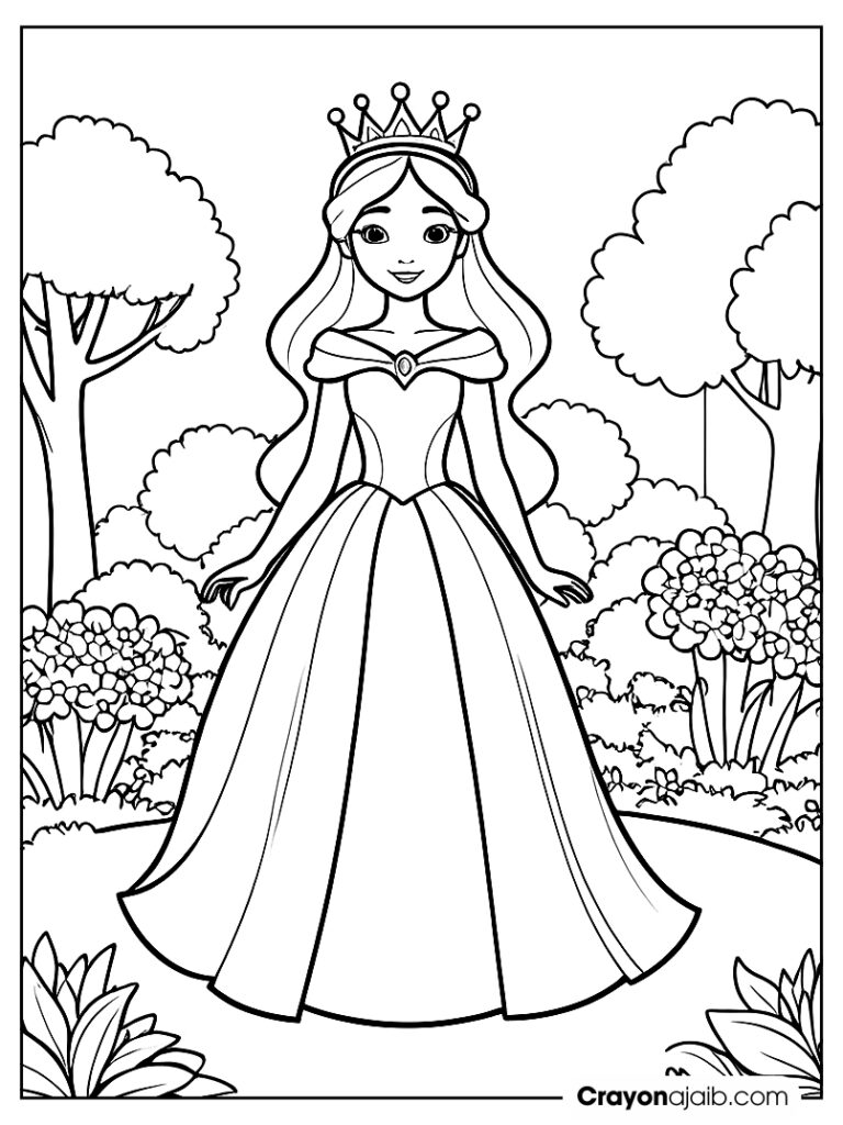 Princess coloring page with flower crown for kindergarten ca