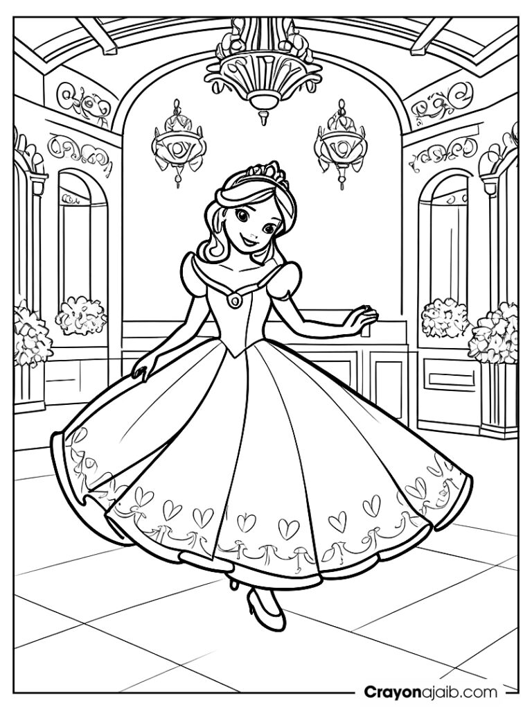 Princess dancing in ballroom coloring page ca