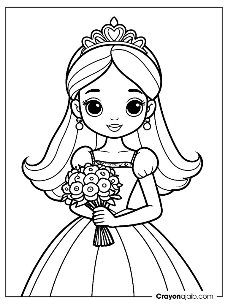 Princess holding flowers coloring page for kids ca