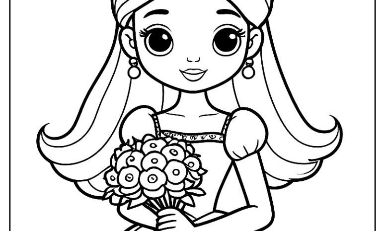 Princess holding flowers coloring page for kids ca