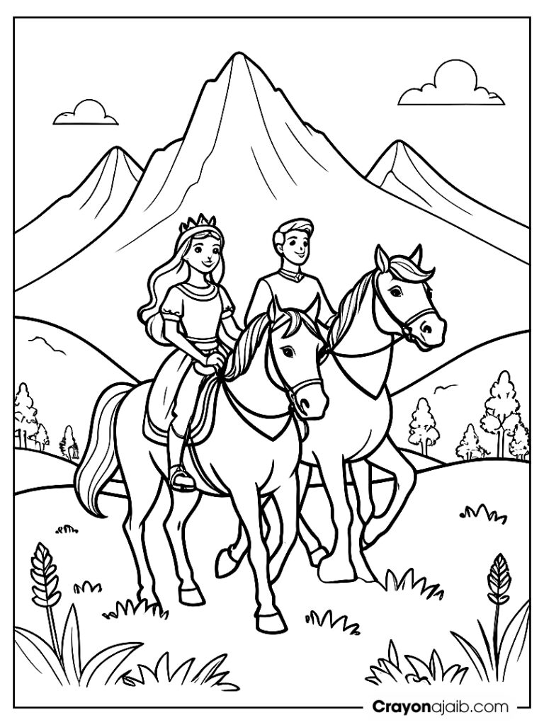 Princess and prince horseback riding coloring page ca