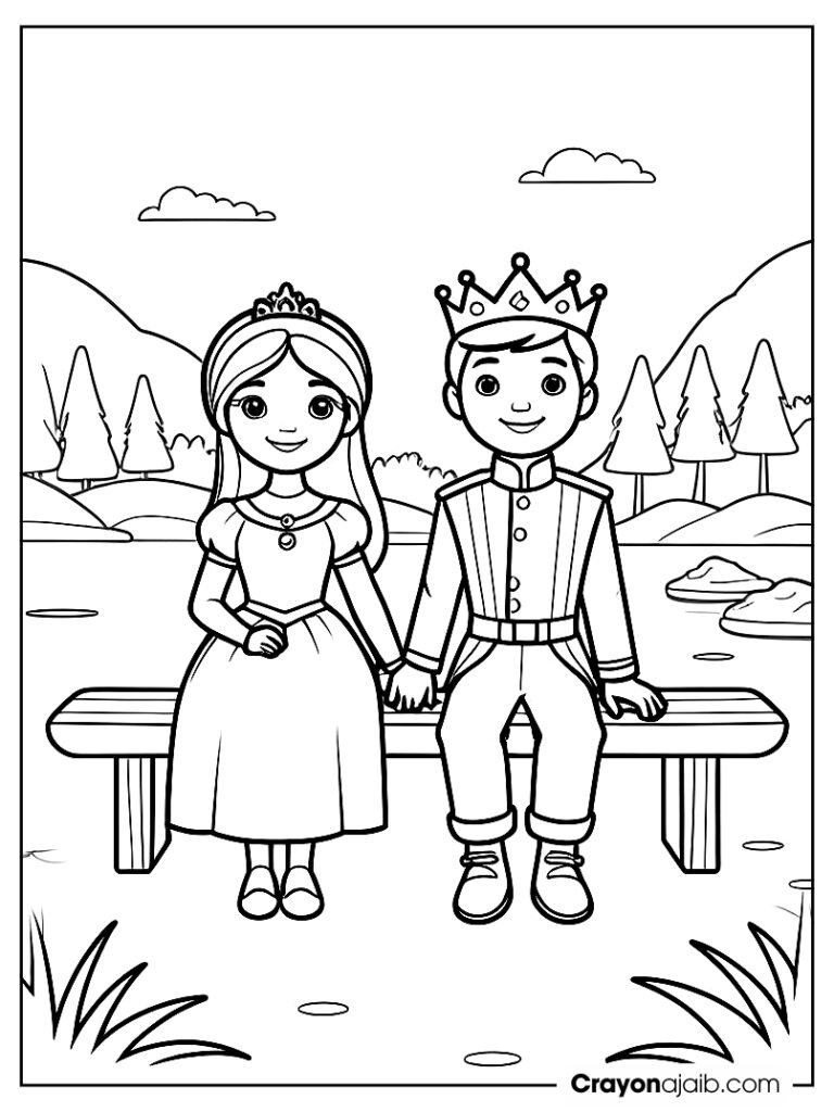 Princess and prince in castle garden coloring page ca