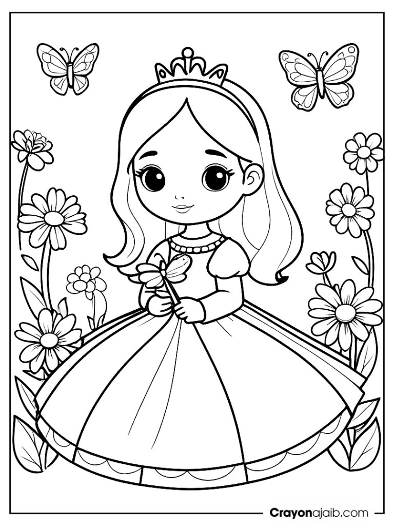 Princess with butterfly coloring page ca