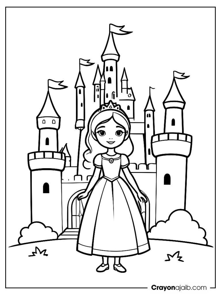 Princess with wand and castle coloring page ca