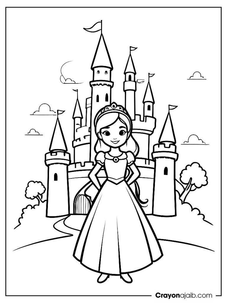 Simple castle and princess coloring page ca