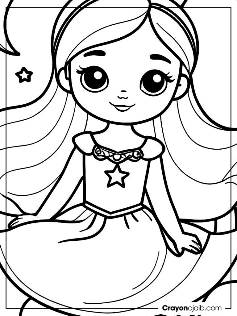 Simple princess sitting on moon coloring page ca