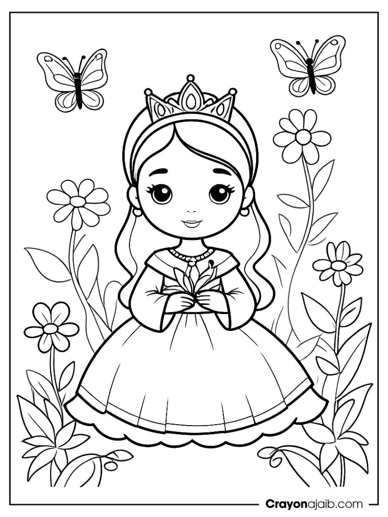 Simple princess in flower garden coloring page ca