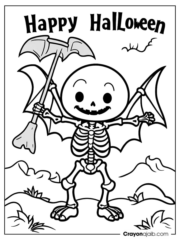 Skeleton holding happy halloween sign crayonajaib