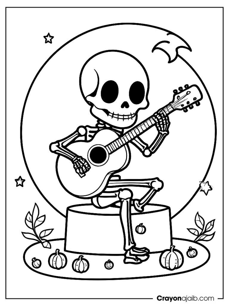 Skeleton playing guitar under moon crayonajaib