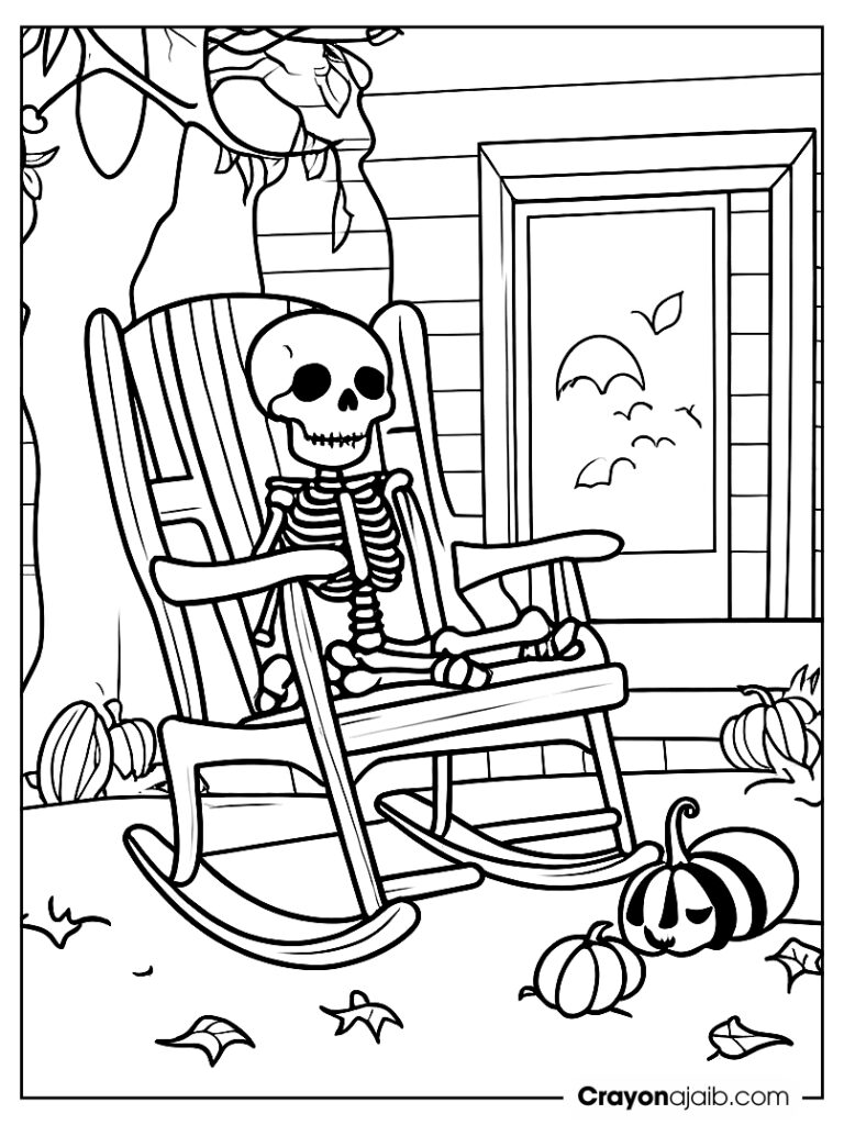 Skeleton on porch with black cat crayonajaib