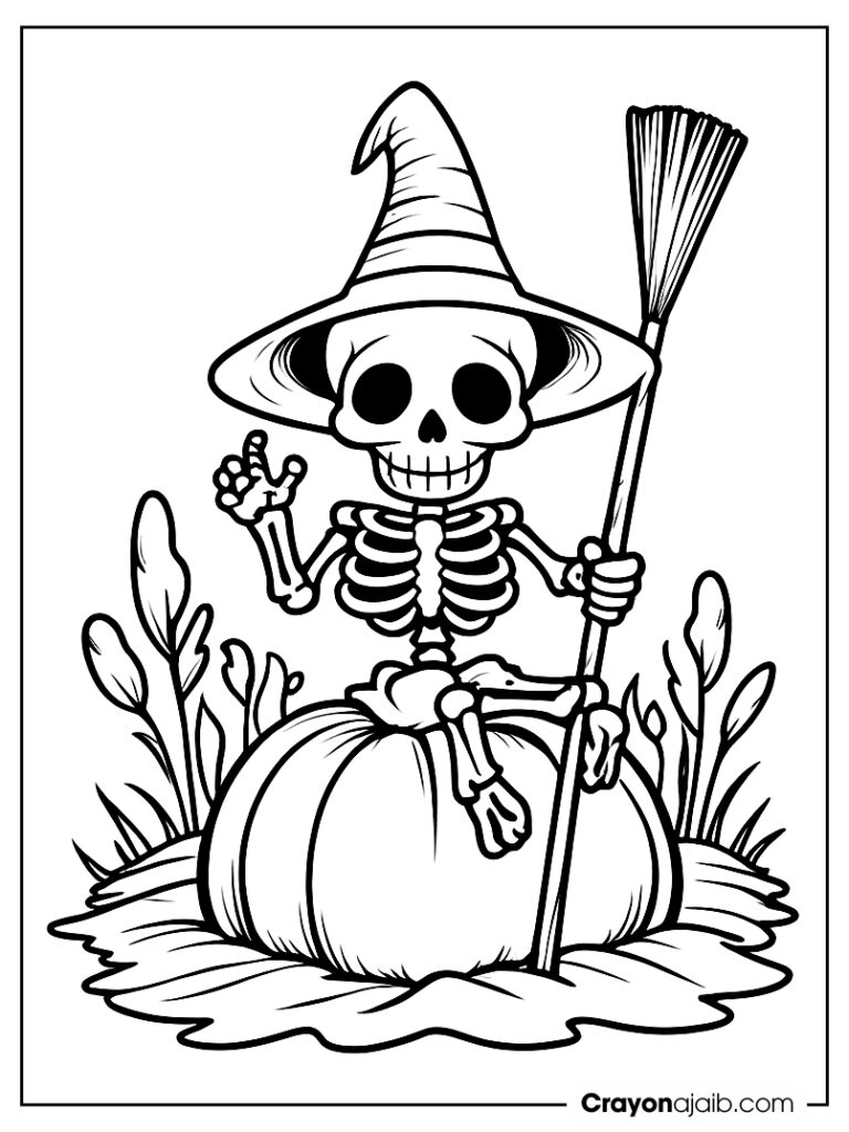 Skeleton with witch hat on haystack crayonajaib