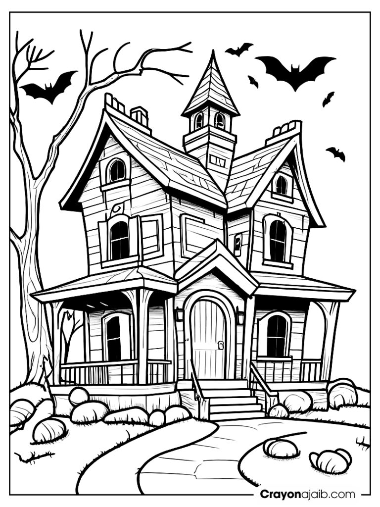 Spooky haunted house with bats crayonajaib