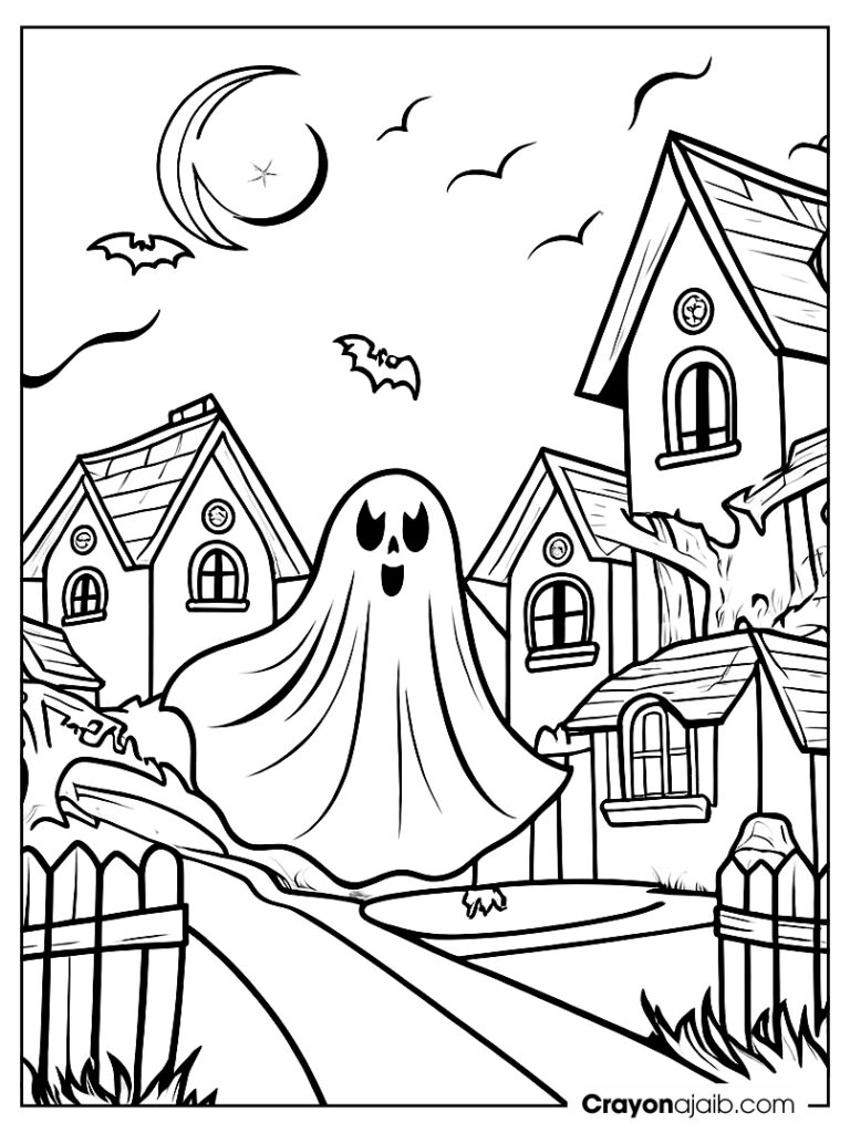 Superhero halloween ghost flying over rooftops crayonajaib