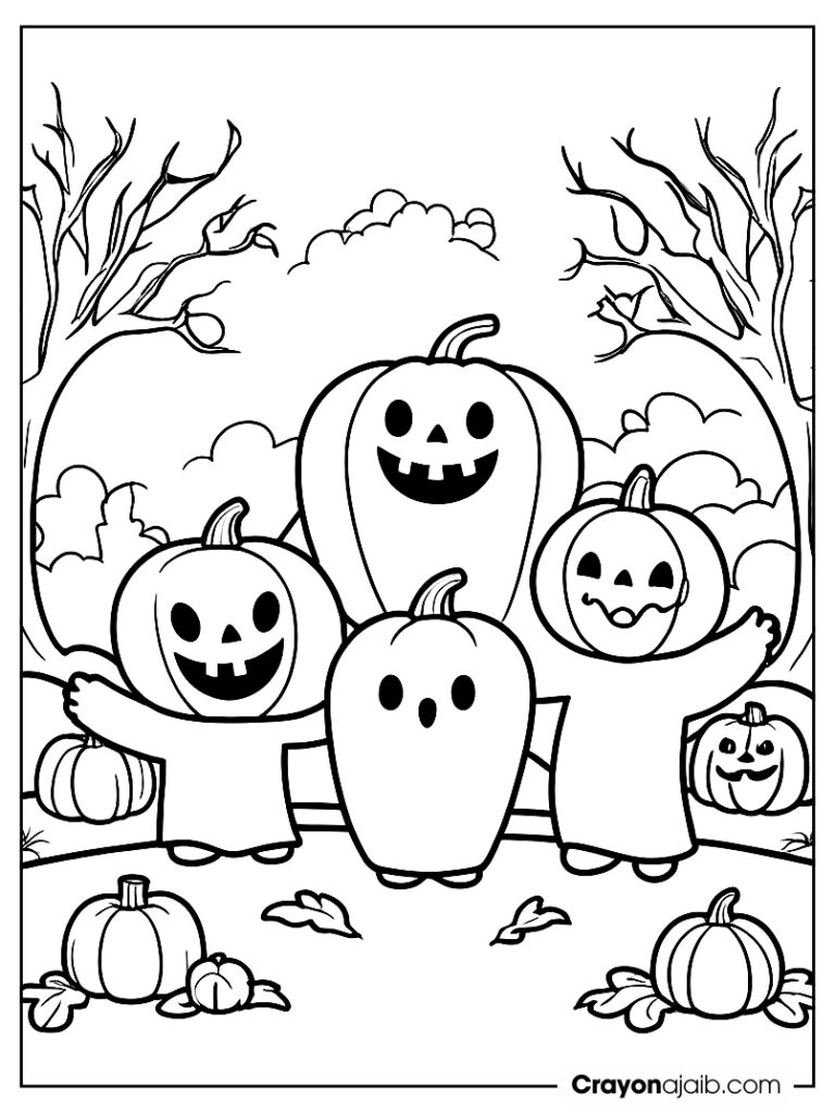 Trio of floating halloween ghosts in pumpkin patch crayonajaib