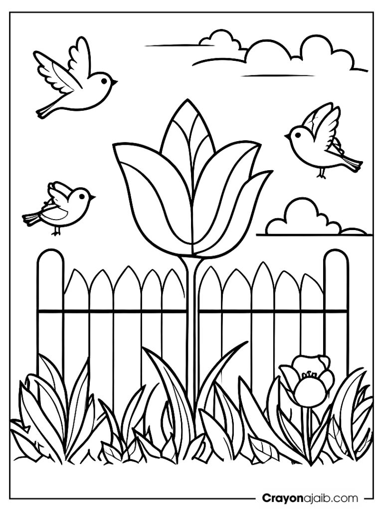 Tulip flower with fence and birds ca