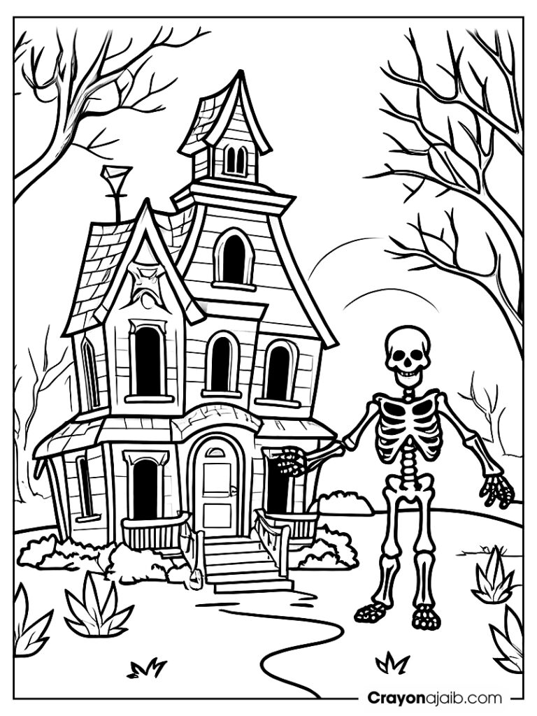 Waving skeleton next to haunted house crayonajaib