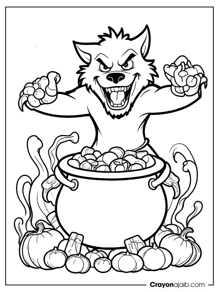 Werewolf jumping over cauldron of halloween treats ca